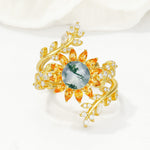 Round Moss Agate Sunflower Halo Leaf Vine Engagement Ring Set - Yellow-Gold