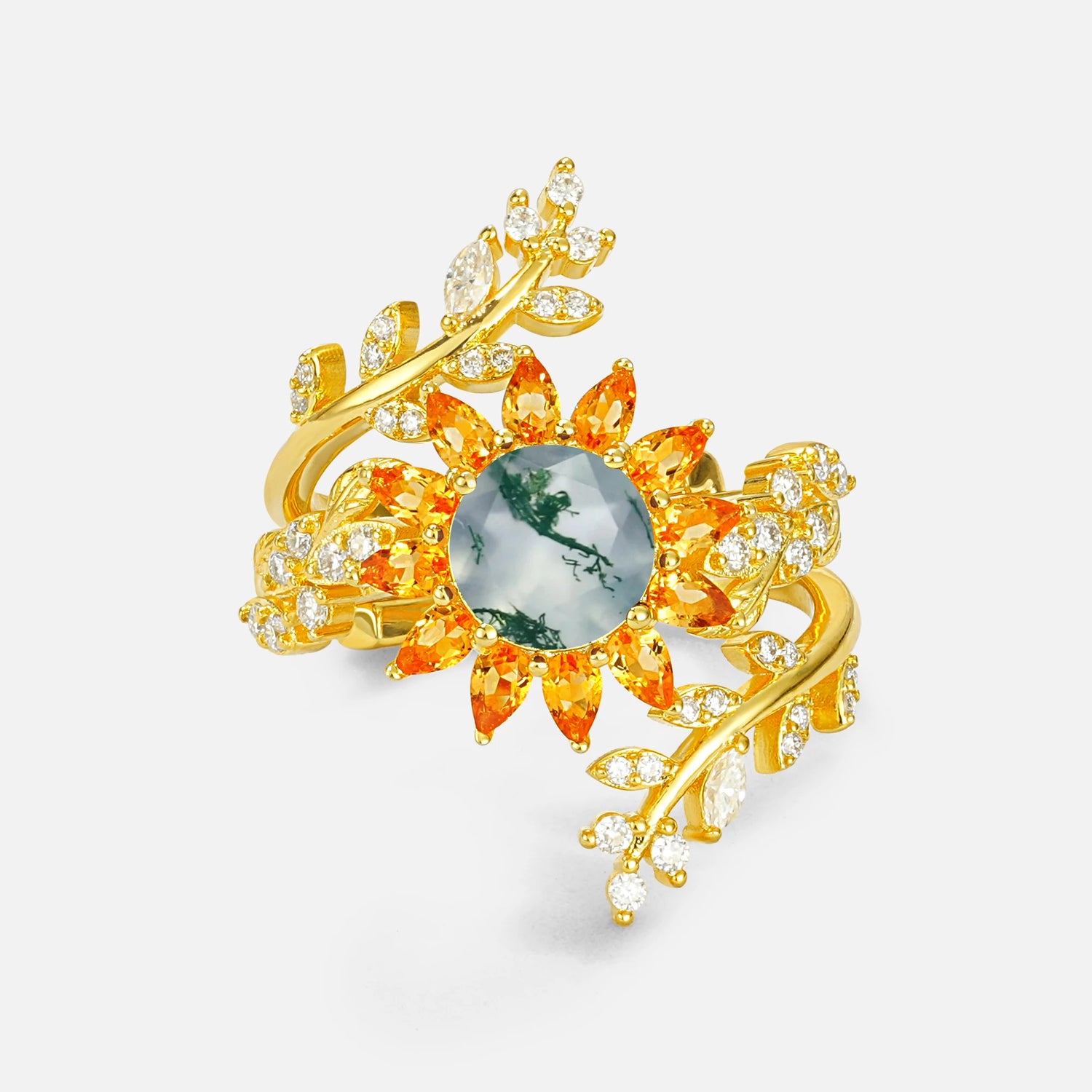 Round Moss Agate Sunflower Halo Leaf Vine Engagement Ring Set - Yellow-Gold