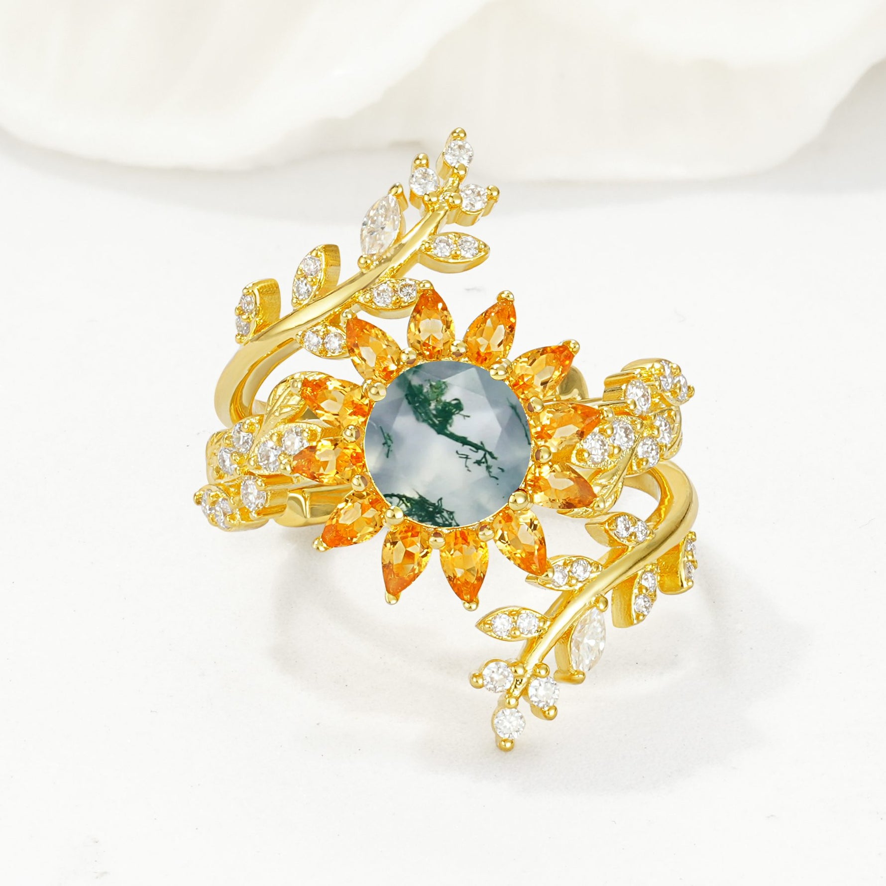 Round Moss Agate Sunflower Halo Leaf Vine Engagement Ring Set - Yellow-Gold