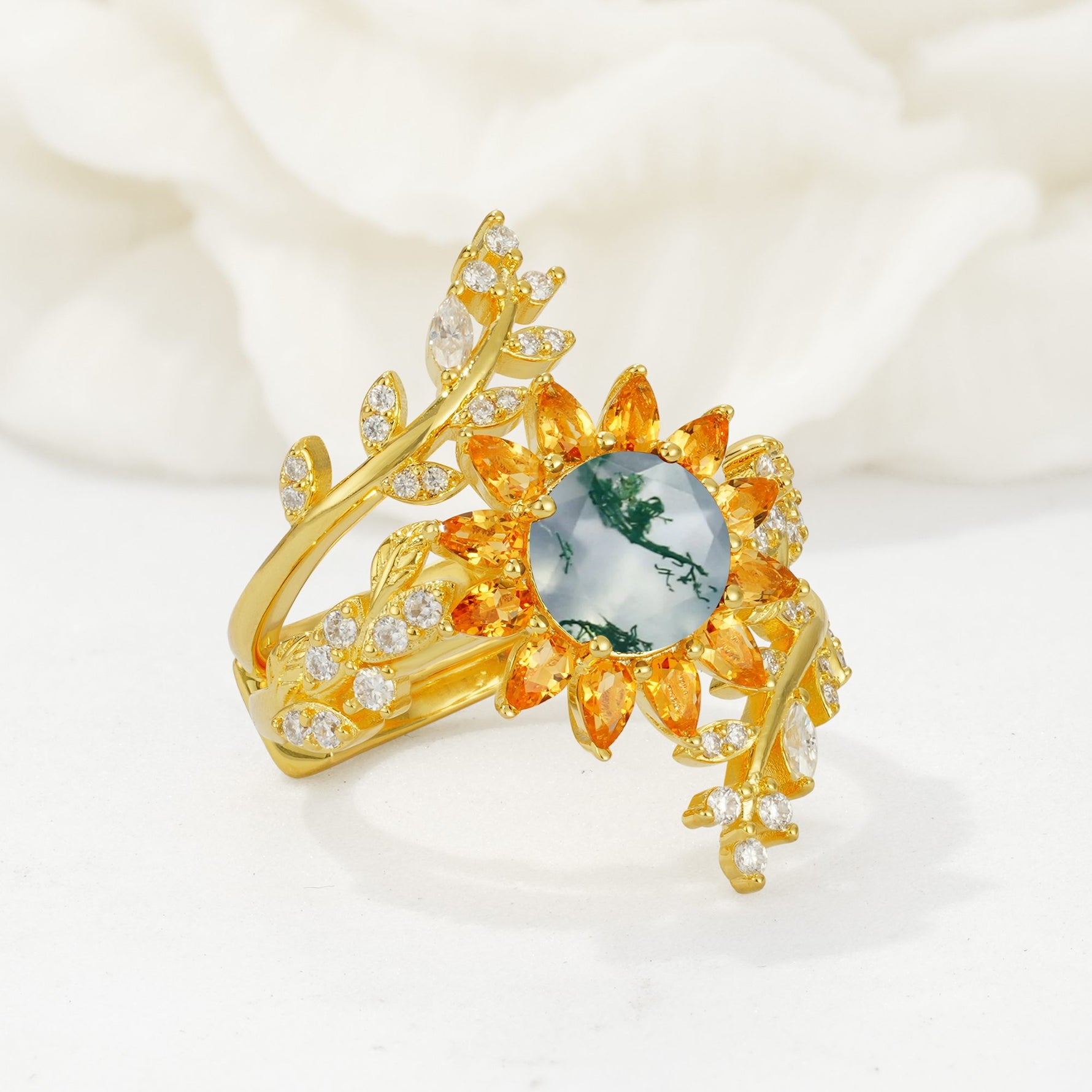 Round Moss Agate Sunflower Halo Leaf Vine Engagement Ring Set - Rose-Gold