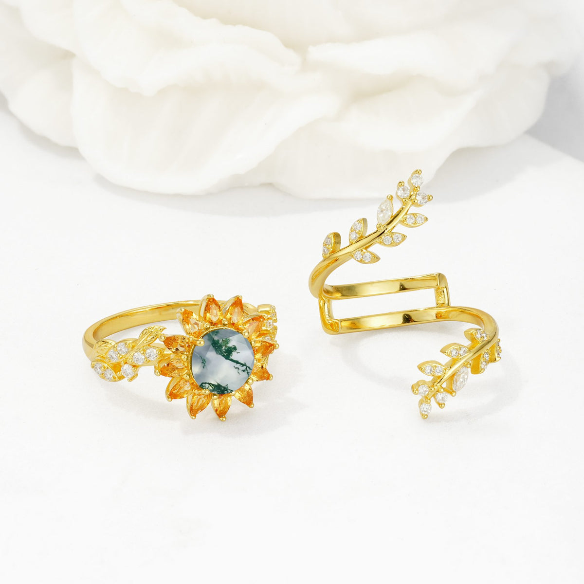 Round Moss Agate Sunflower Halo Leaf Vine Engagement Ring Set - White-Gold
