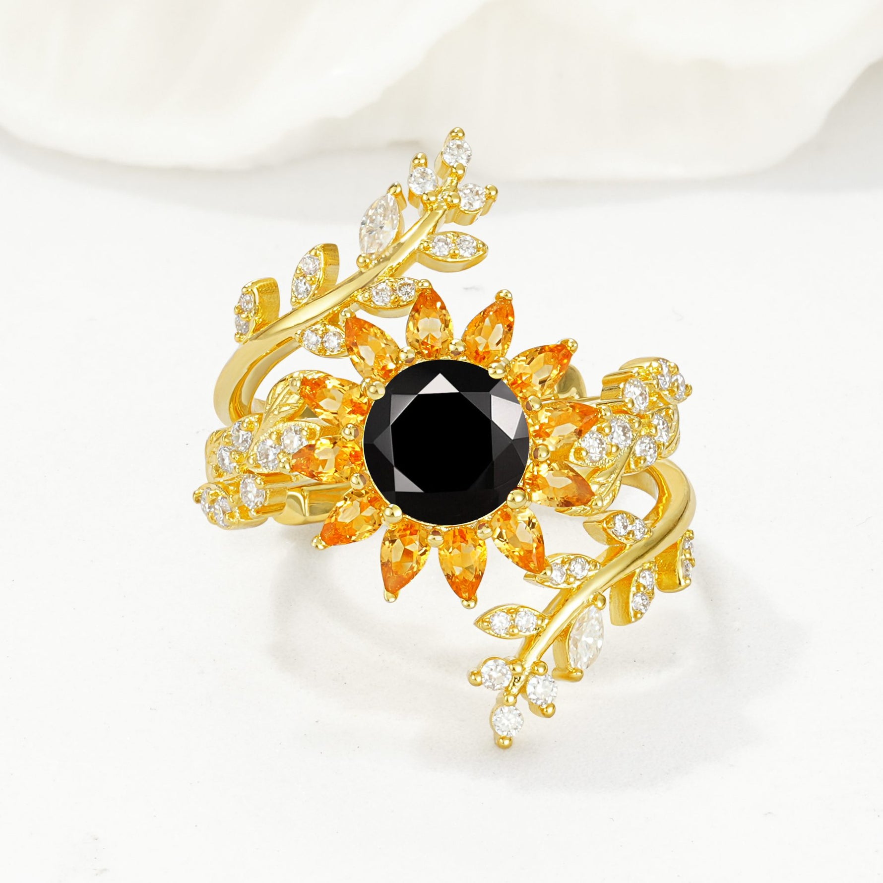 Round Black Onyx Sunflower Halo Leaf Vine Engagement Ring Set - Yellow-Gold