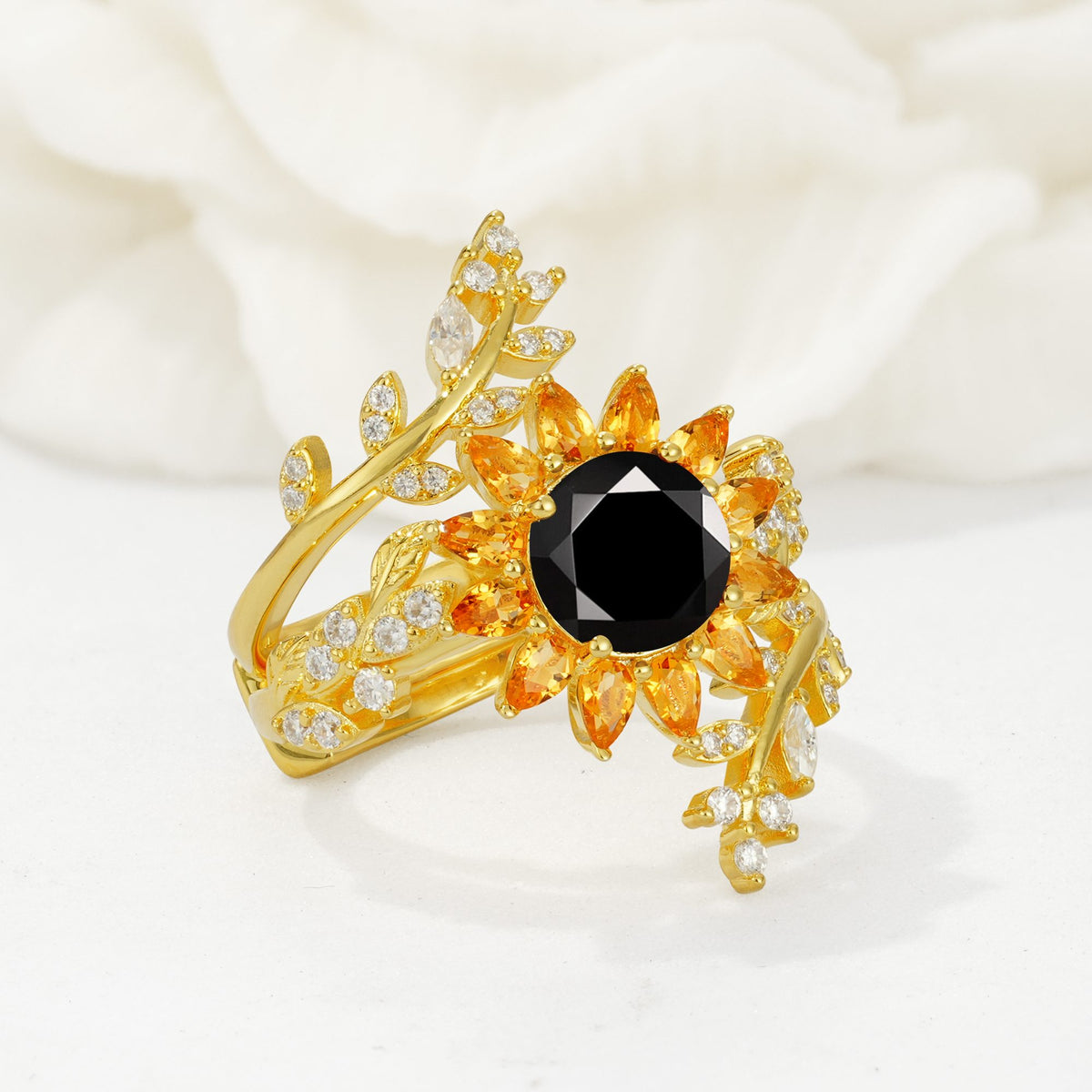 Round Black Onyx Sunflower Halo Leaf Vine Engagement Ring Set - Rose-Gold