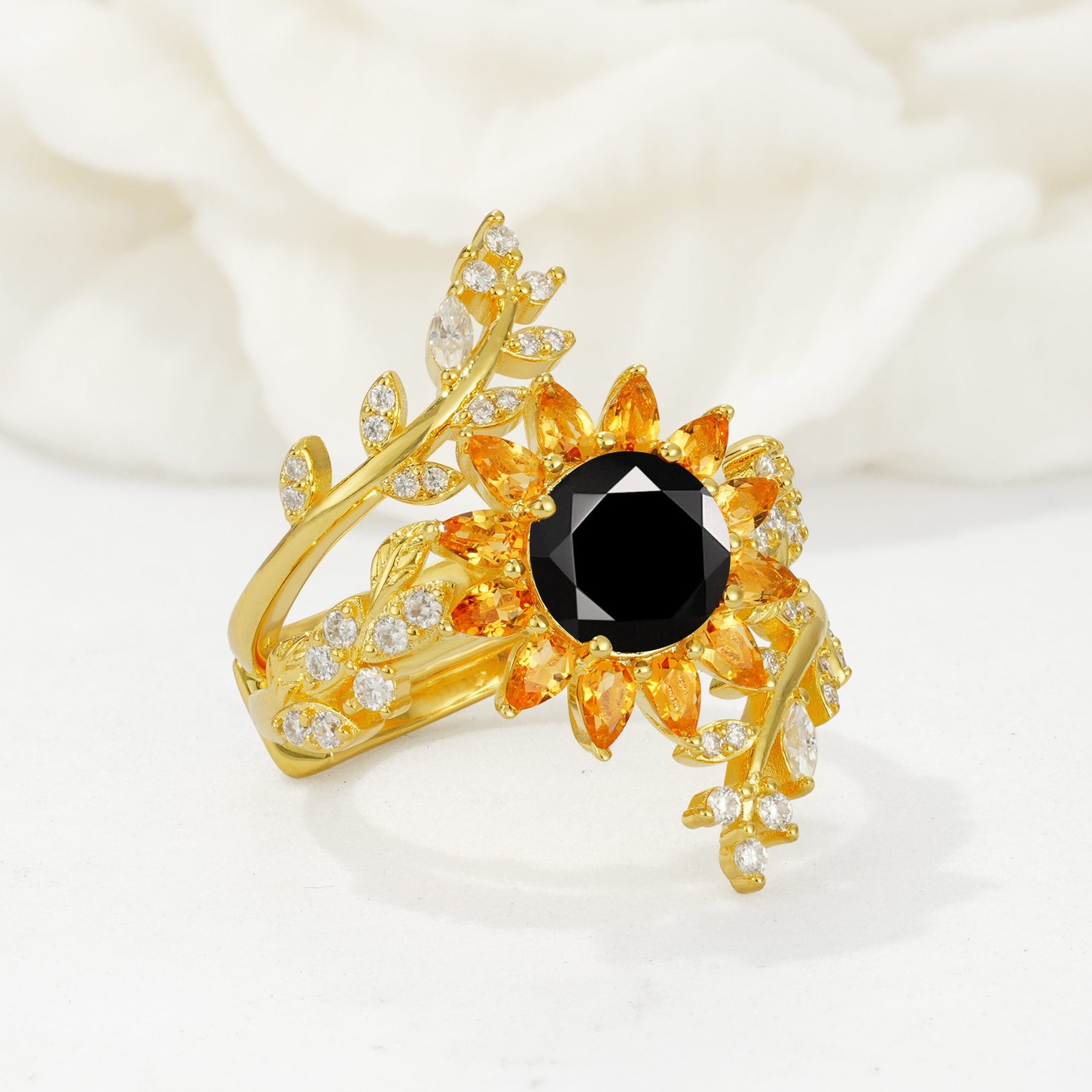 Round Black Onyx Sunflower Halo Leaf Vine Engagement Ring Set - Rose-Gold