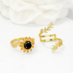 Round Black Onyx Sunflower Halo Leaf Vine Engagement Ring Set - White-Gold