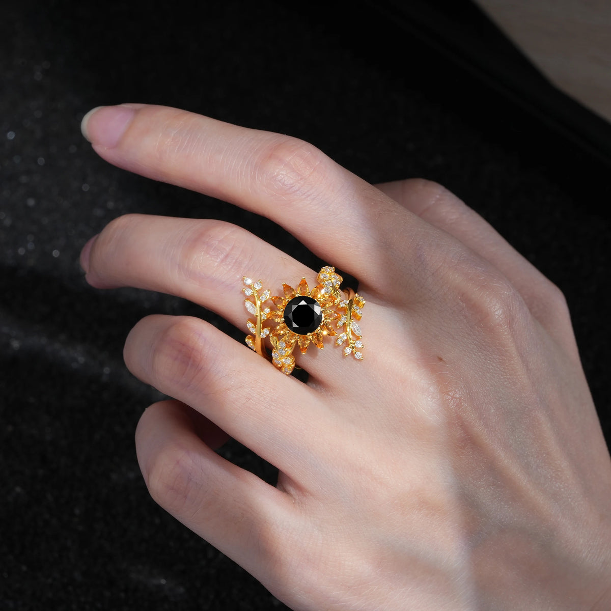Round Black Onyx Sunflower Halo Leaf Vine Engagement Ring Set