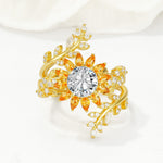 Round Lab Diamond Sunflower Halo Leaf Vine Engagement Ring Set - Yellow-Gold