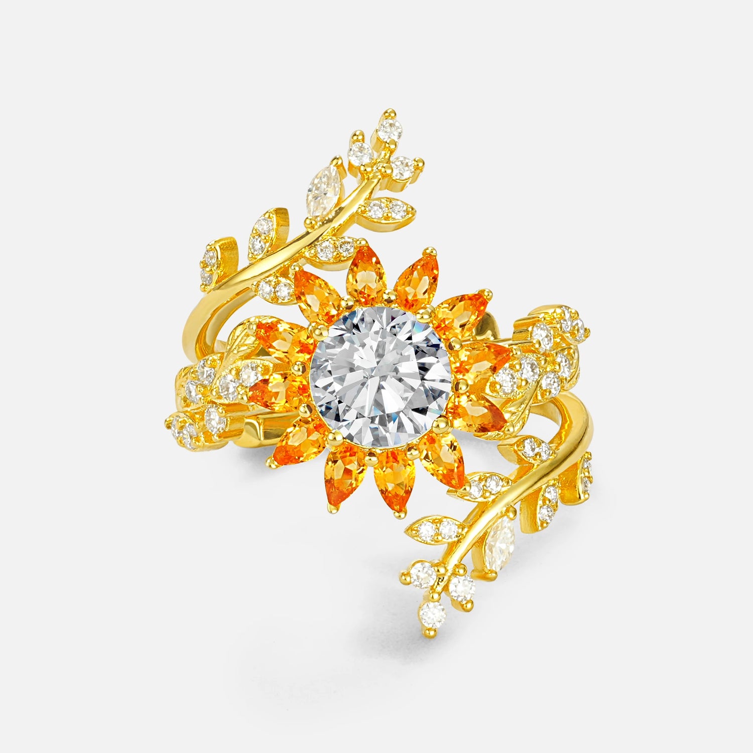 Round Lab Diamond Sunflower Halo Leaf Vine Engagement Ring Set - Yellow-Gold