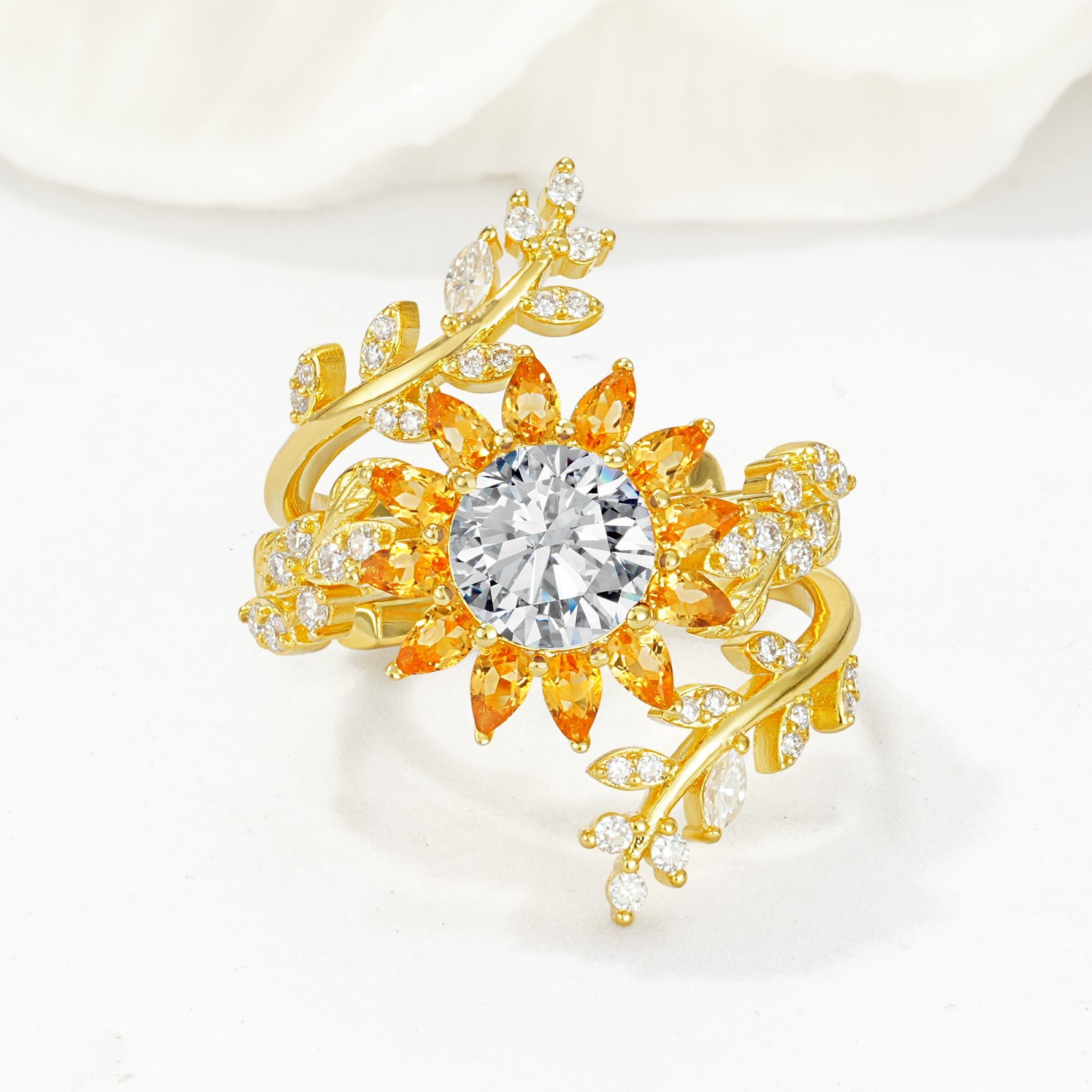 Round Lab Diamond Sunflower Halo Leaf Vine Engagement Ring Set - Yellow-Gold