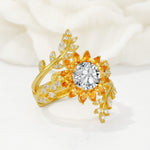Round Lab Diamond Sunflower Halo Leaf Vine Engagement Ring Set - Rose-Gold