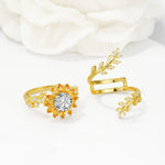 Round Lab Diamond Sunflower Halo Leaf Vine Engagement Ring Set - White-Gold