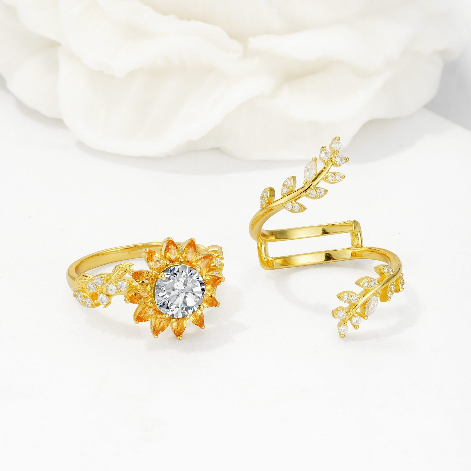Round Lab Diamond Sunflower Halo Leaf Vine Engagement Ring Set - White-Gold