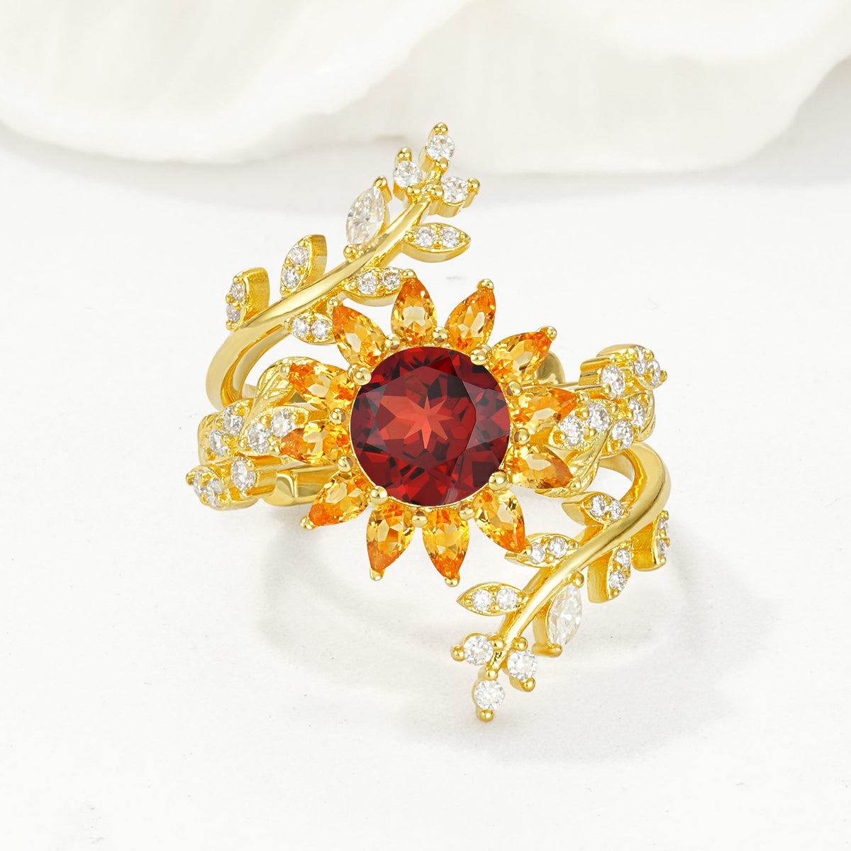 Round Garnet Sunflower Halo Leaf Vine Engagement Ring Set - Yellow-Gold