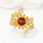 Round Garnet Sunflower Halo Leaf Vine Engagement Ring Set - Yellow-Gold