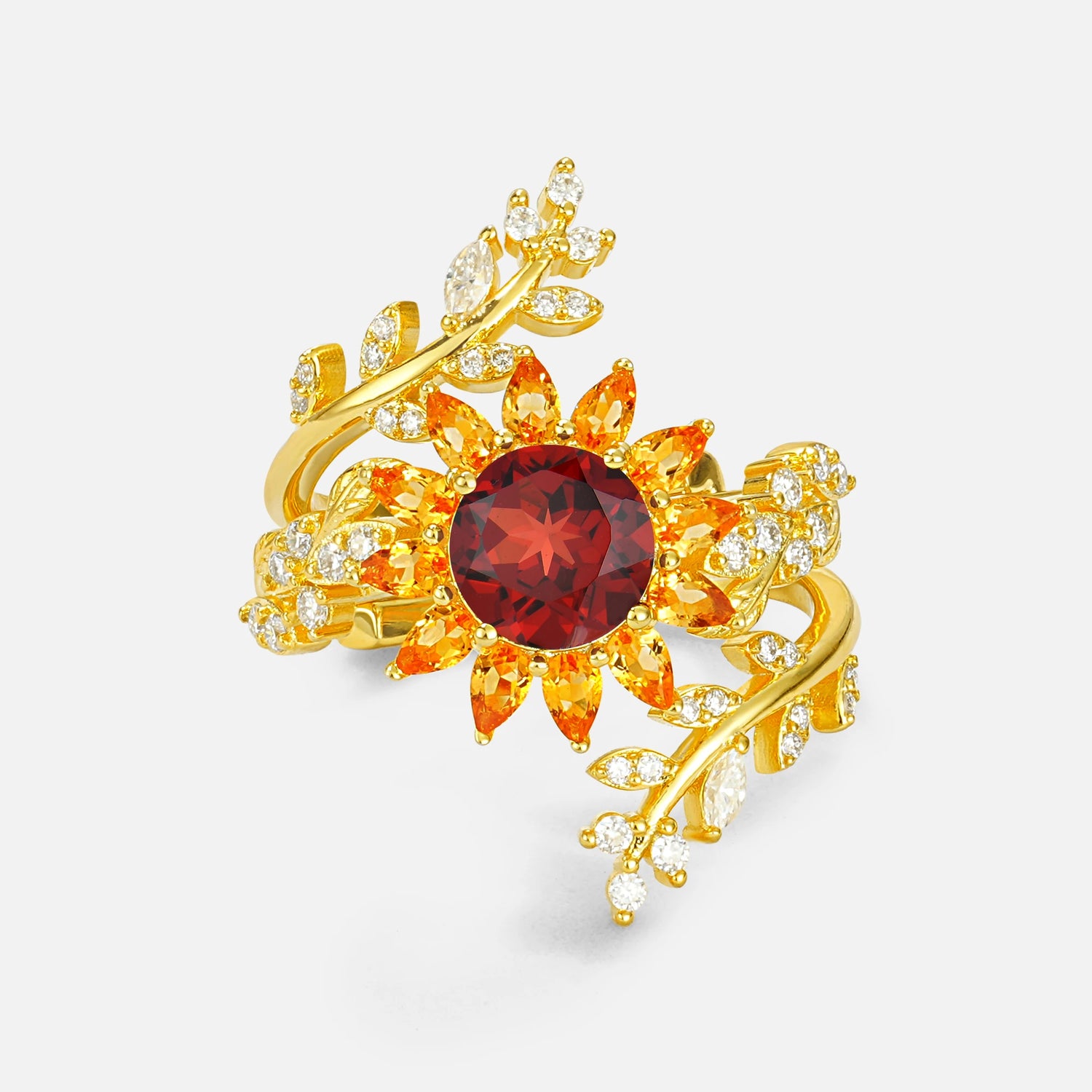 Round Garnet Sunflower Halo Leaf Vine Engagement Ring Set - Yellow-Gold