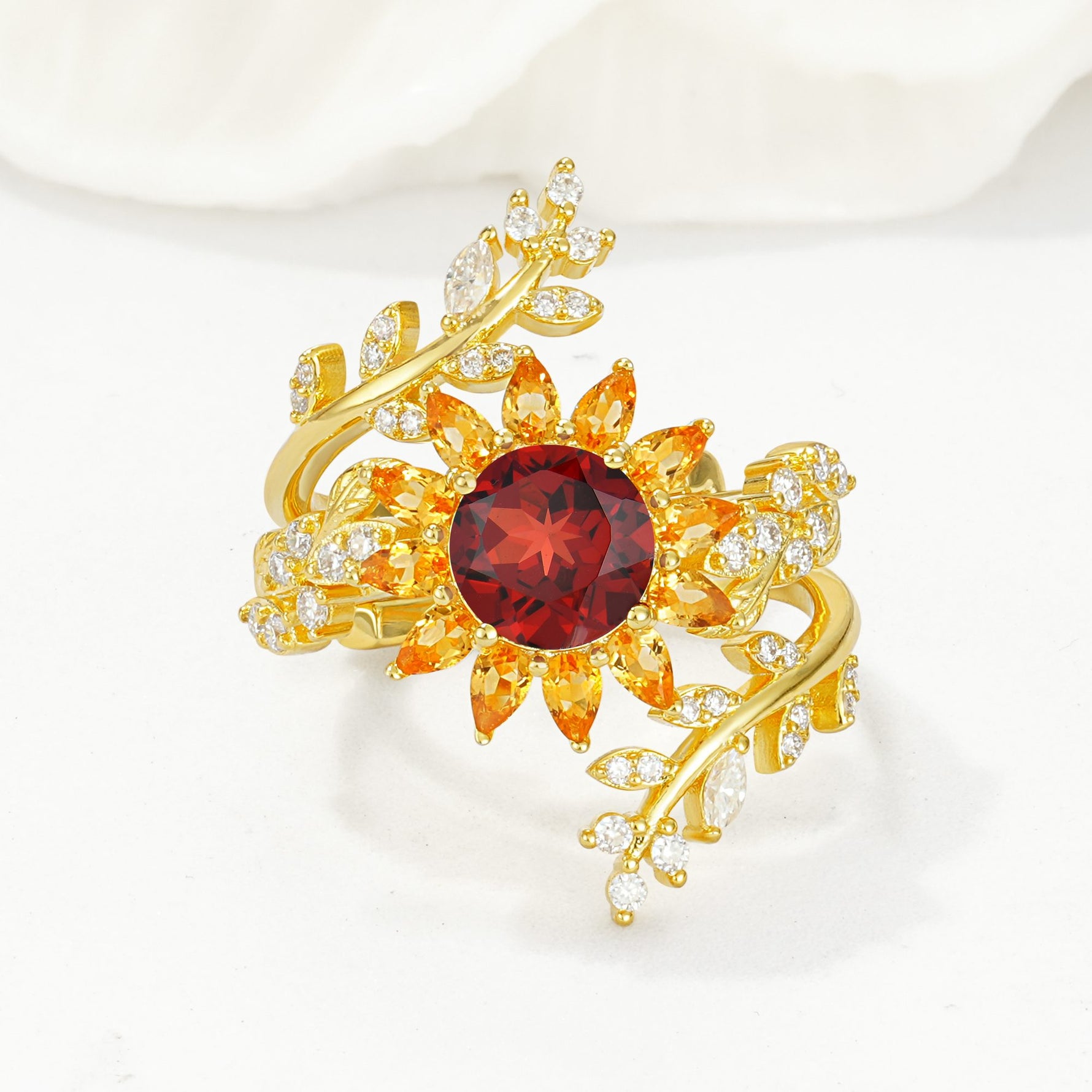 Round Garnet Sunflower Halo Leaf Vine Engagement Ring Set - Yellow-Gold