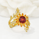 Round Garnet Sunflower Halo Leaf Vine Engagement Ring Set - Rose-Gold