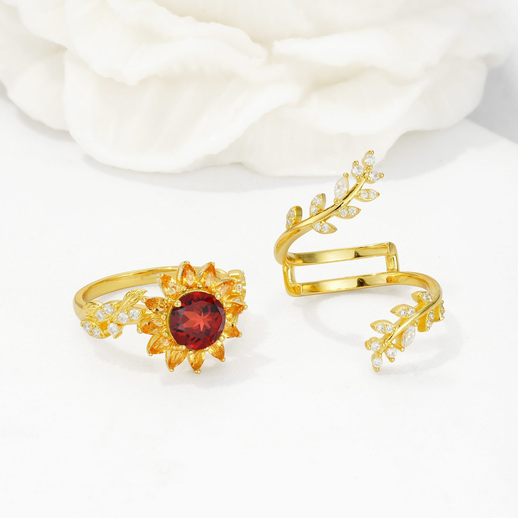 Round Garnet Sunflower Halo Leaf Vine Engagement Ring Set - White-Gold