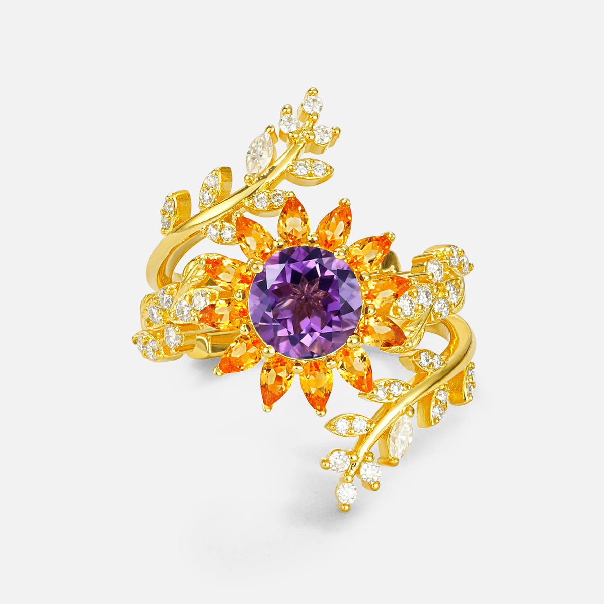 Round Amethyst Sunflower Halo Leaf Vine Engagement Ring Set - Yellow-Gold