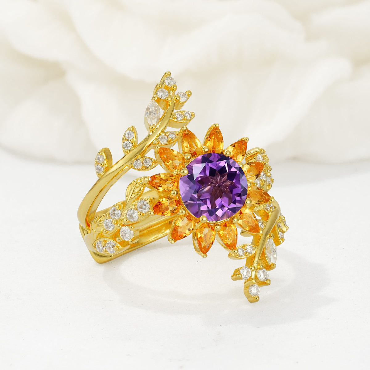 Round Amethyst Sunflower Halo Leaf Vine Engagement Ring Set - Rose-Gold
