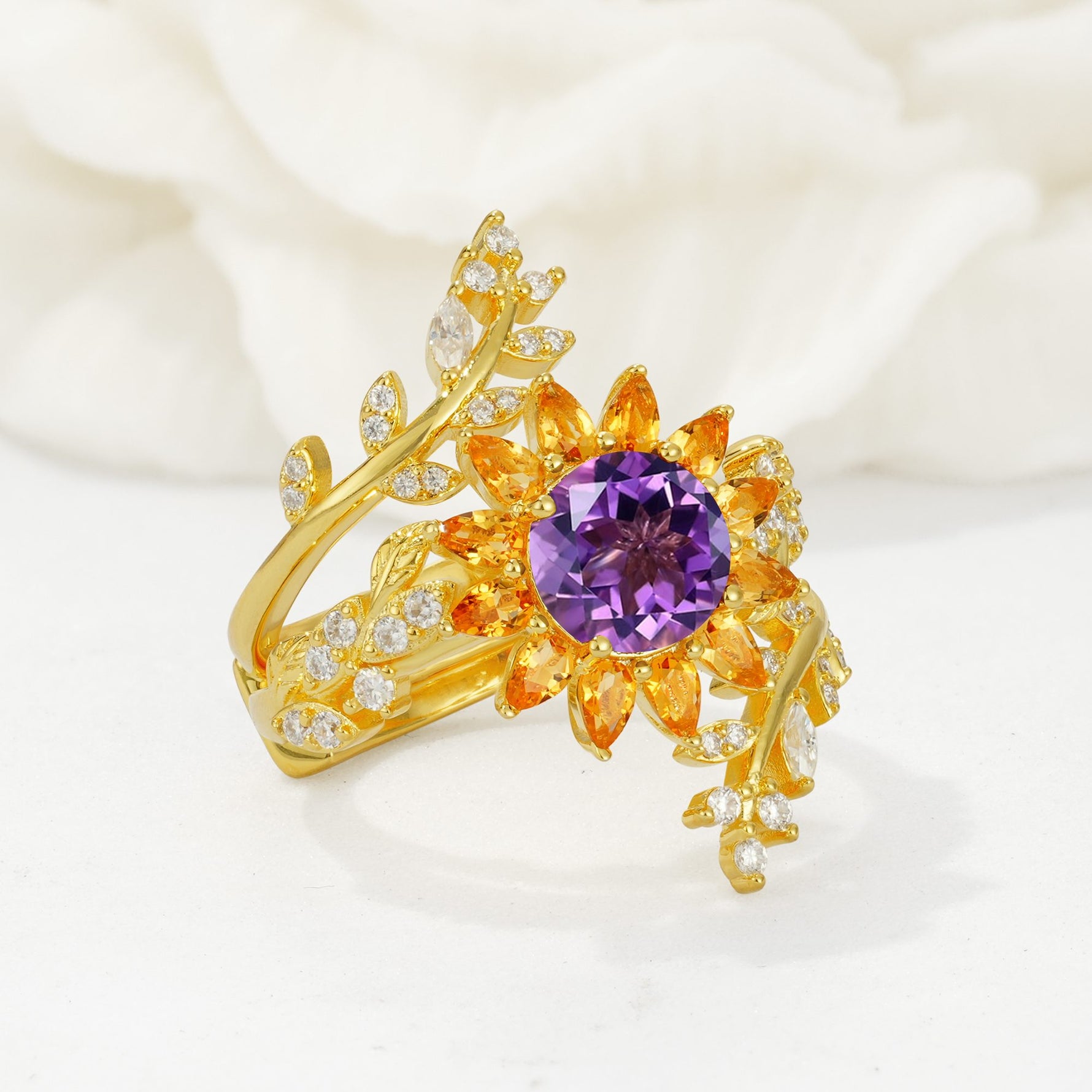 Round Amethyst Sunflower Halo Leaf Vine Engagement Ring Set - Rose-Gold