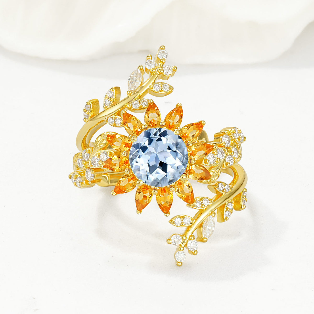 Round Aquamarine Sunflower Halo Leaf Vine Engagement Ring Set - Yellow-Gold
