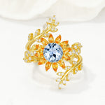Round Aquamarine Sunflower Halo Leaf Vine Engagement Ring Set - Yellow-Gold