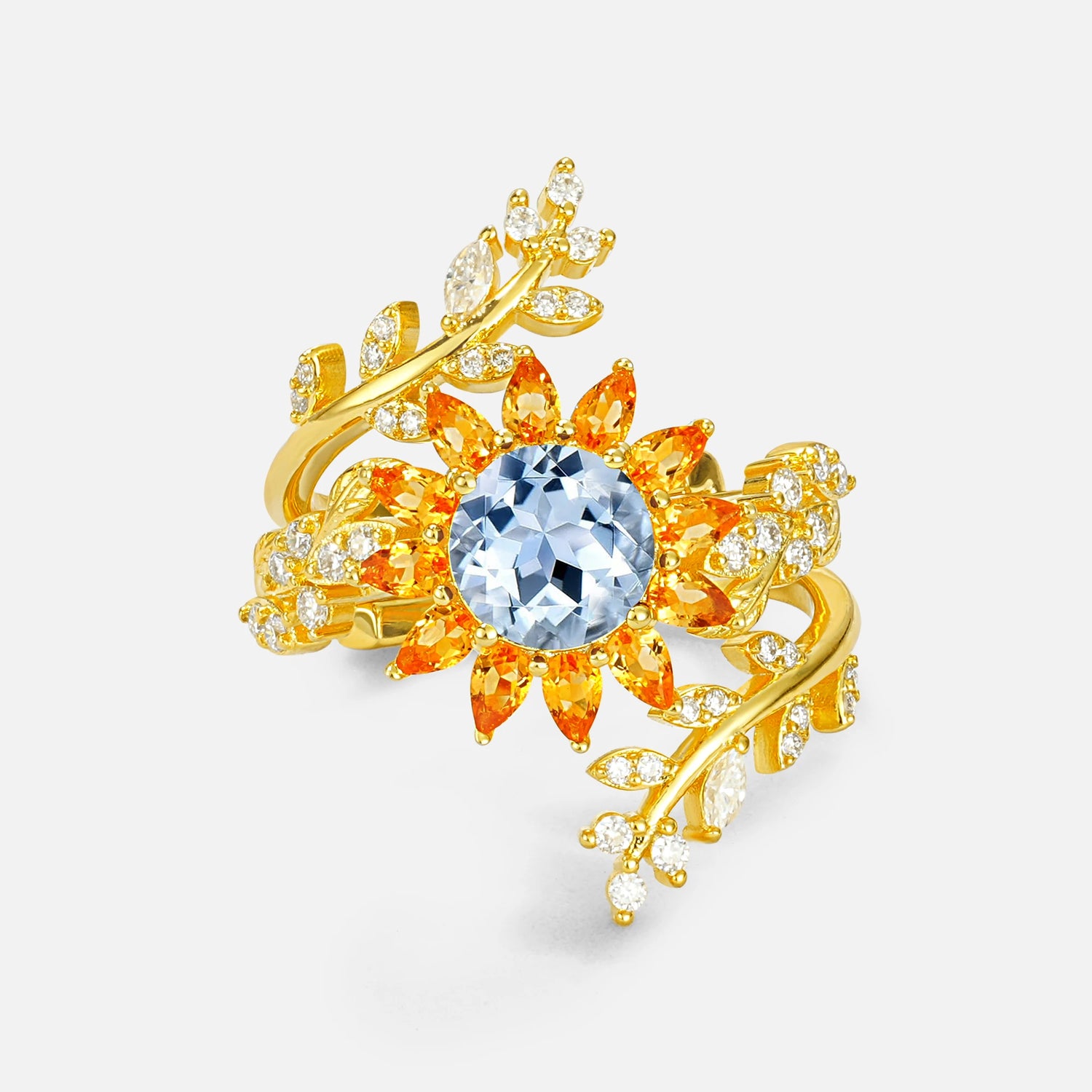 Round Aquamarine Sunflower Halo Leaf Vine Engagement Ring Set - Yellow-Gold