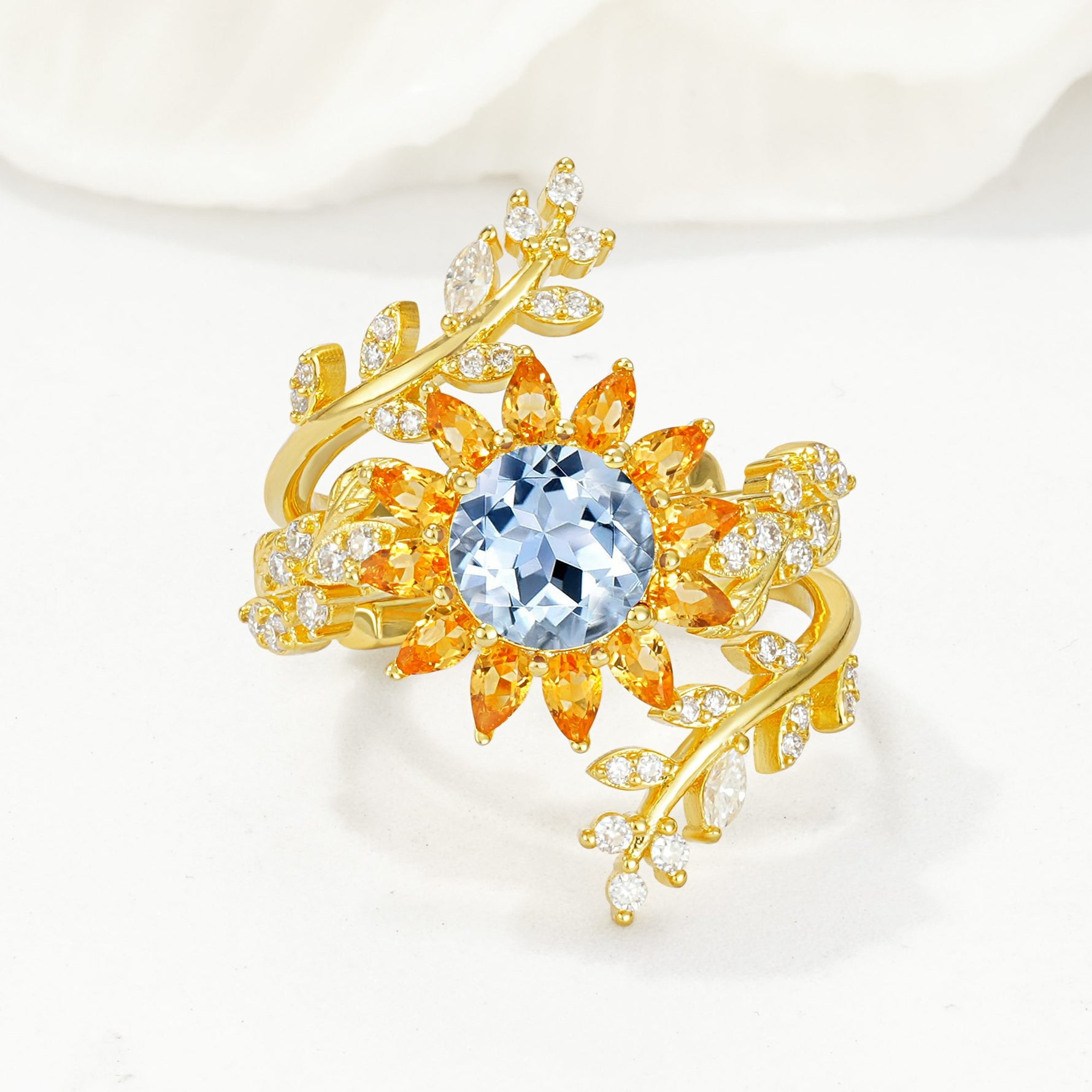 Round Aquamarine Sunflower Halo Leaf Vine Engagement Ring Set - Yellow-Gold