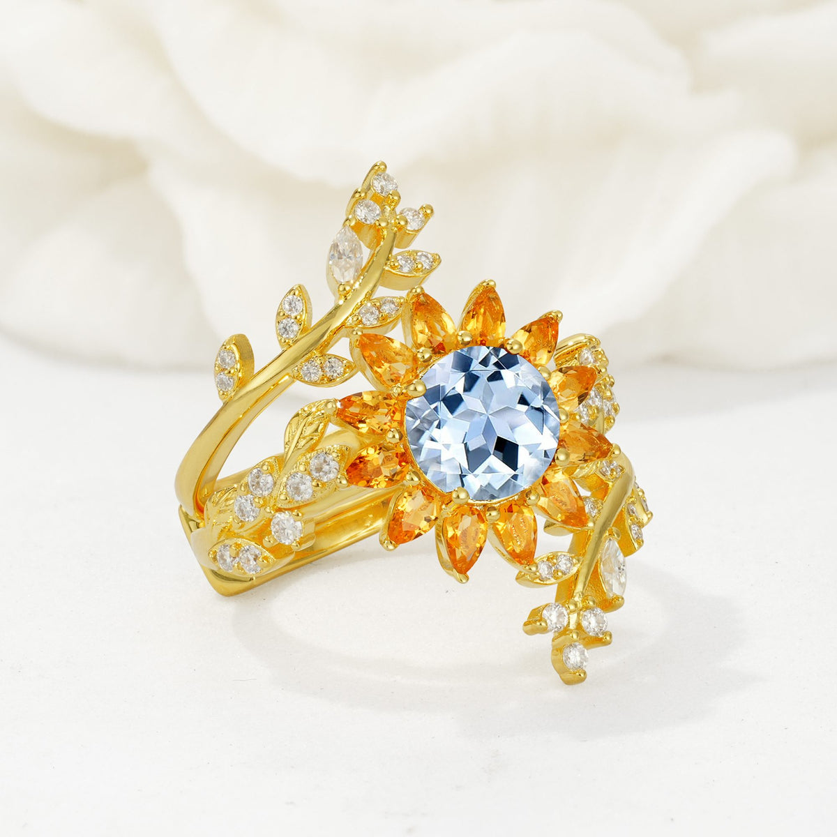 Round Aquamarine Sunflower Halo Leaf Vine Engagement Ring Set - Rose-Gold