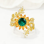 Round Emerald Sunflower Halo Leaf Vine Engagement Ring Set - Yellow-Gold