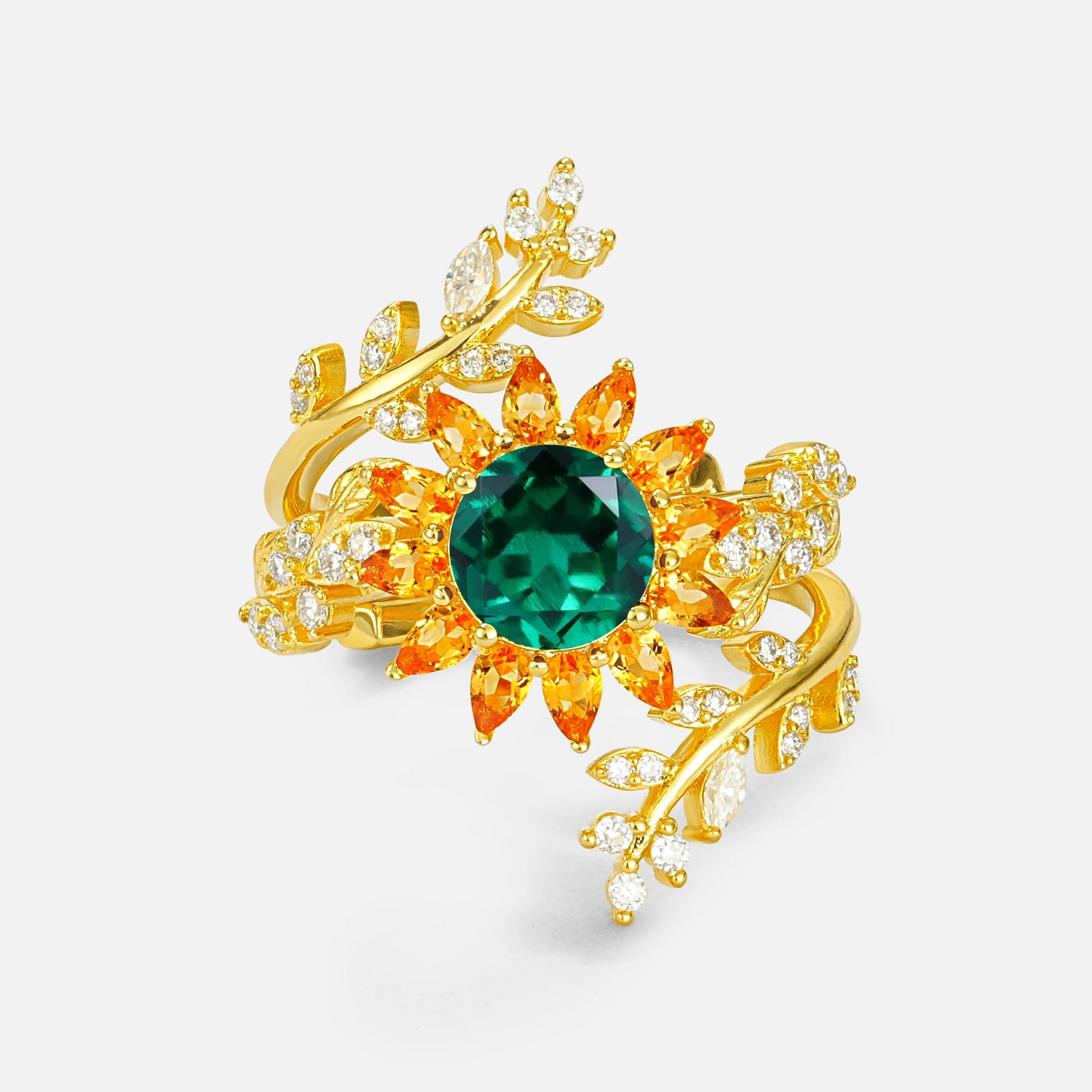 Round Emerald Sunflower Halo Leaf Vine Engagement Ring Set - Yellow-Gold