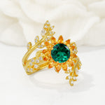 Round Emerald Sunflower Halo Leaf Vine Engagement Ring Set - Rose-Gold