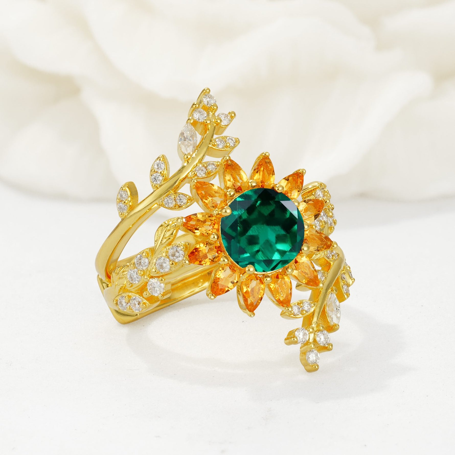 Round Emerald Sunflower Halo Leaf Vine Engagement Ring Set - Rose-Gold