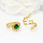 Round Emerald Sunflower Halo Leaf Vine Engagement Ring Set - White-Gold