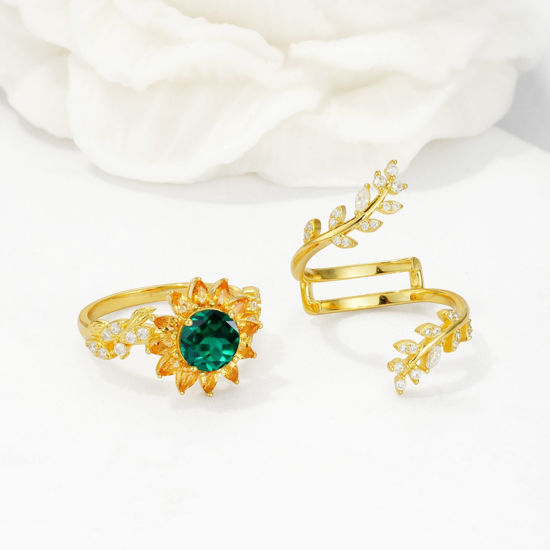 Round Emerald Sunflower Halo Leaf Vine Engagement Ring Set - White-Gold