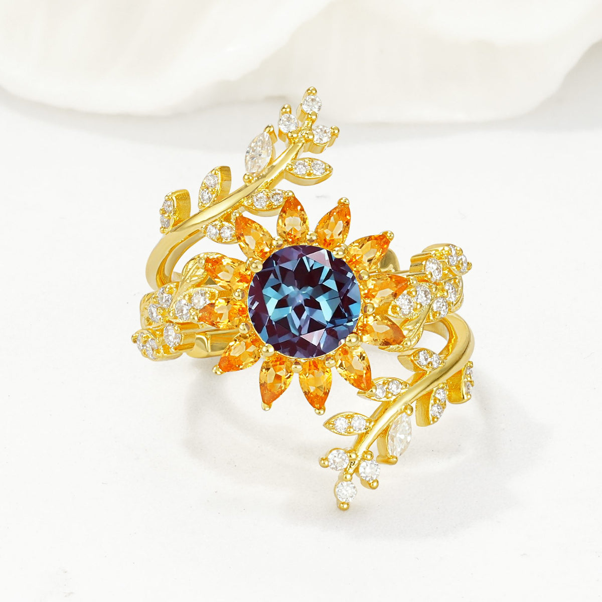 Round Alexandrite Sunflower Halo Leaf Vine Engagement Ring Set - Yellow-Gold