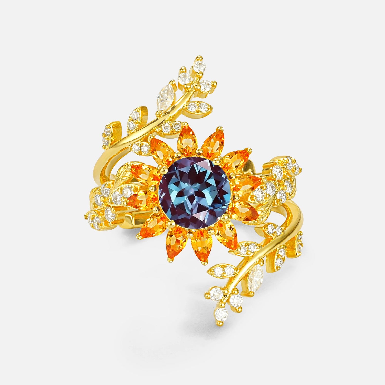 Round Alexandrite Sunflower Halo Leaf Vine Engagement Ring Set - Yellow-Gold