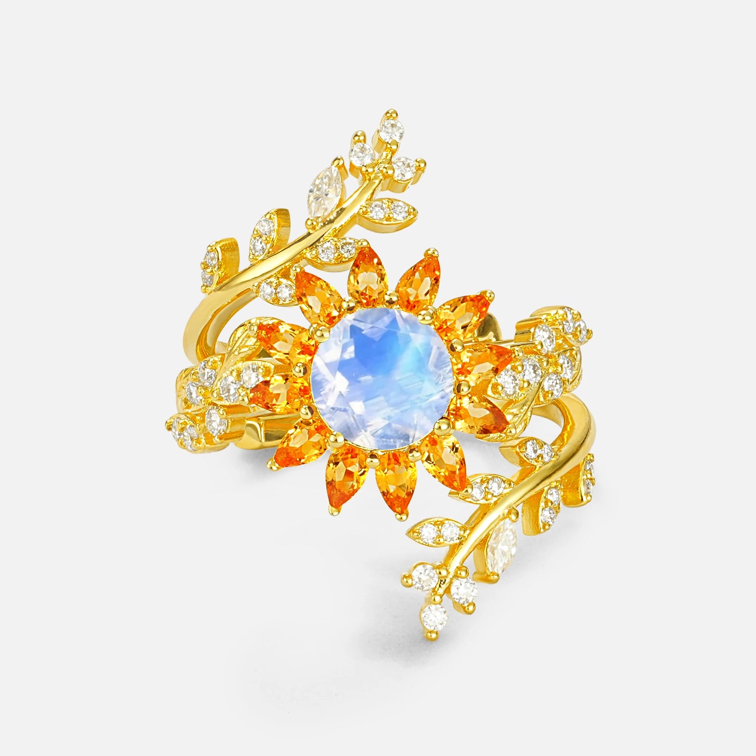 Round Moonstone Sunflower Halo Leaf Vine Engagement Ring Set - Yellow-Gold