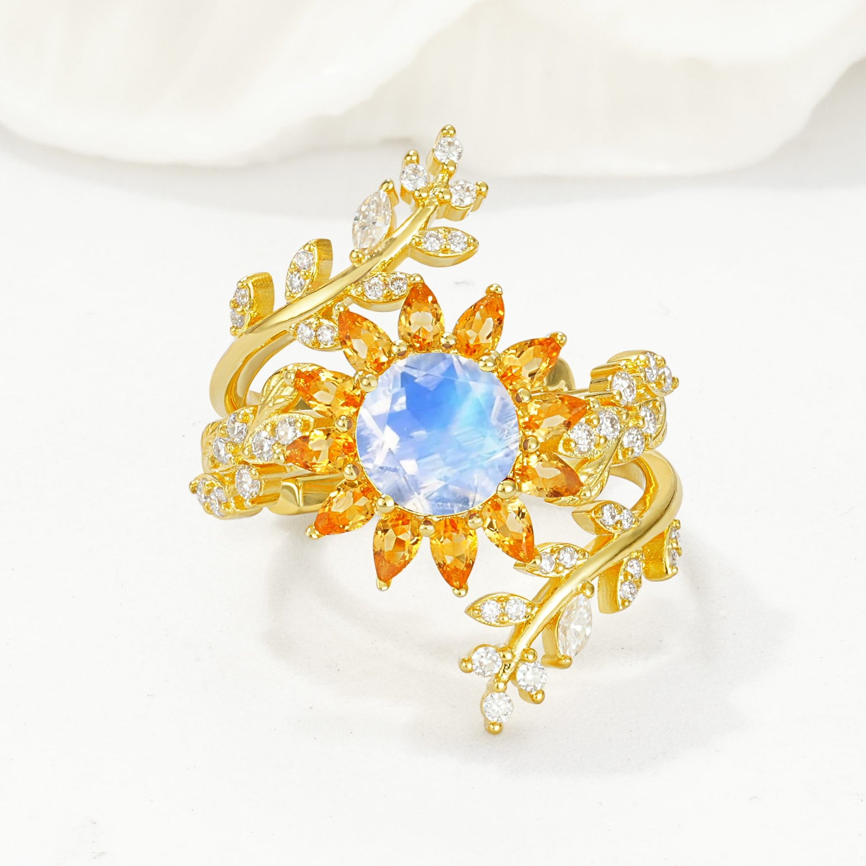 Round Moonstone Sunflower Halo Leaf Vine Engagement Ring Set - Yellow-Gold