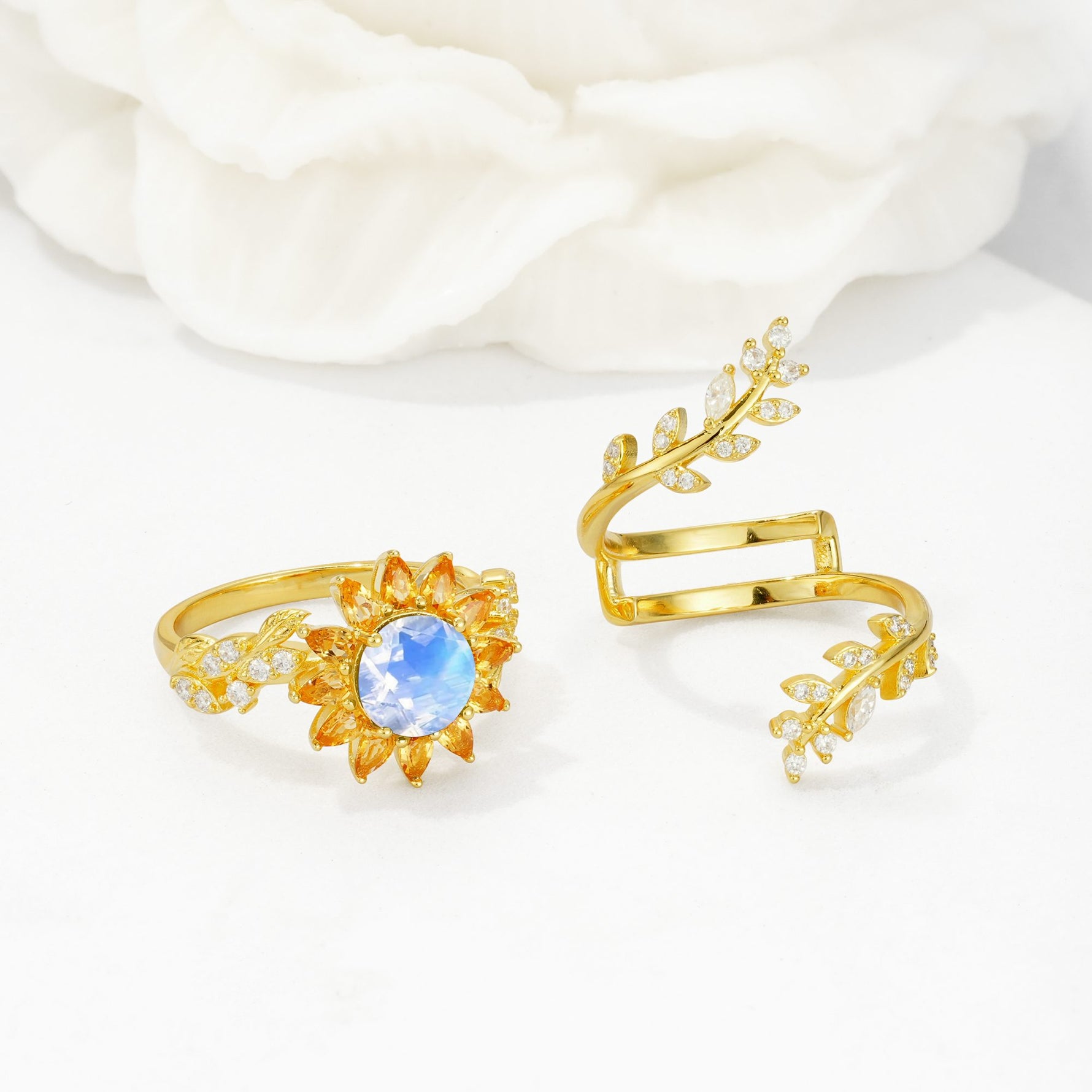 Round Moonstone Sunflower Halo Leaf Vine Engagement Ring Set - White-Gold