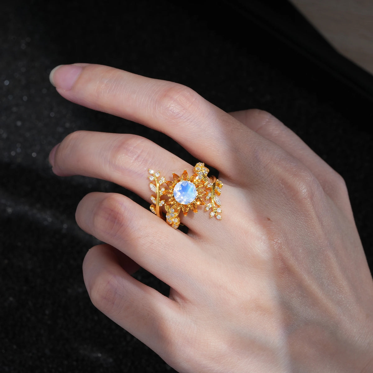 Round Moonstone Sunflower Halo Leaf Vine Engagement Ring Set