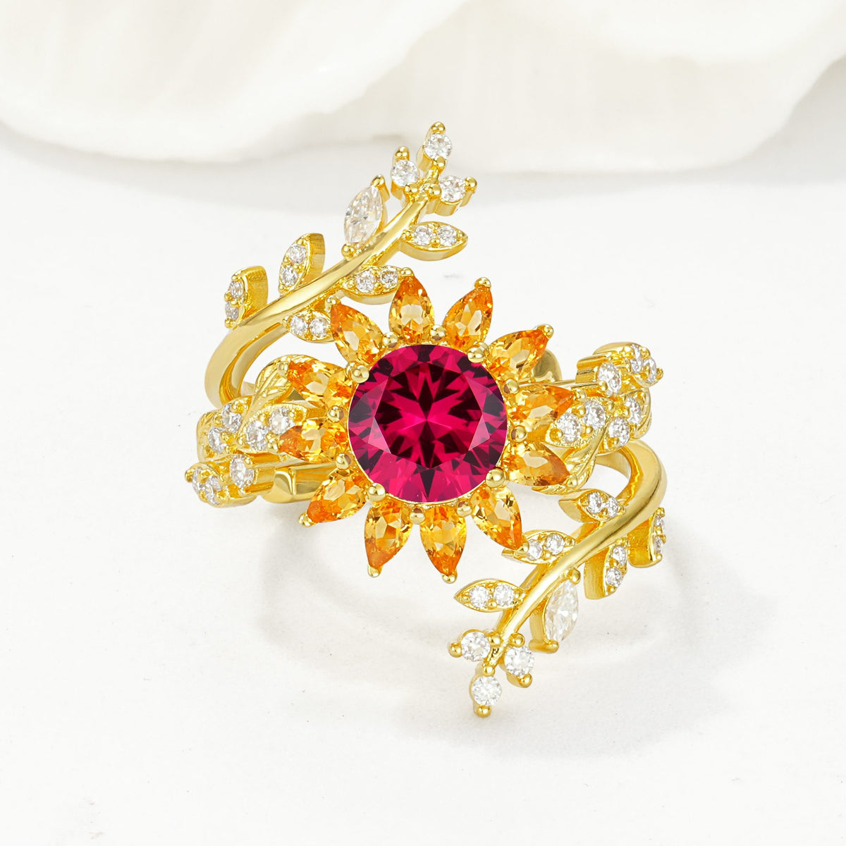 Round Ruby Sunflower Halo Leaf Vine Engagement Ring Set - Yellow-Gold