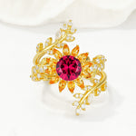 Round Ruby Sunflower Halo Leaf Vine Engagement Ring Set - Yellow-Gold