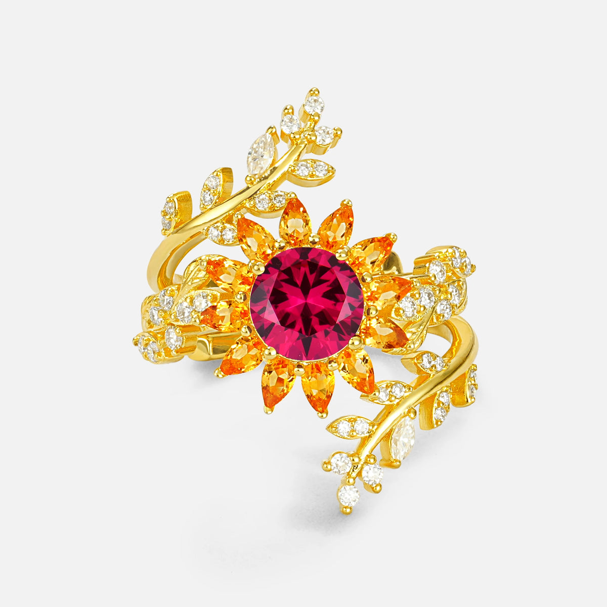 Round Ruby Sunflower Halo Leaf Vine Engagement Ring Set - Yellow-Gold