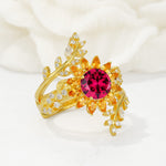Round Ruby Sunflower Halo Leaf Vine Engagement Ring Set - Rose-Gold