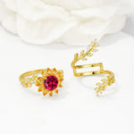 Round Ruby Sunflower Halo Leaf Vine Engagement Ring Set - White-Gold