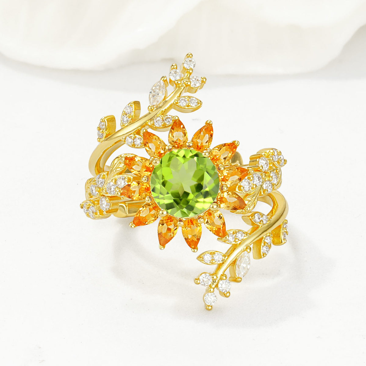 Round Peridot Sunflower Halo Leaf Vine Engagement Ring Set - Yellow-Gold