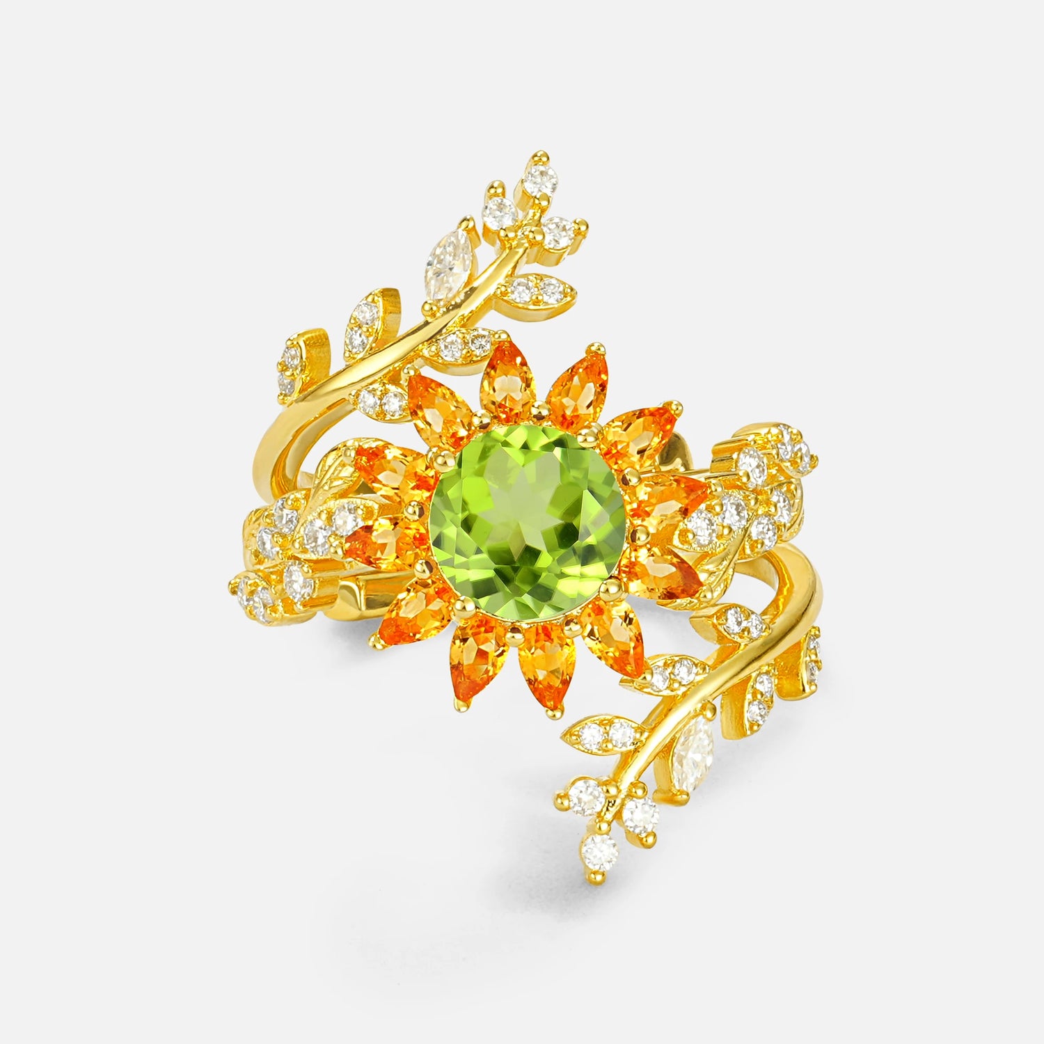 Round Peridot Sunflower Halo Leaf Vine Engagement Ring Set - Yellow-Gold