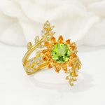 Round Peridot Sunflower Halo Leaf Vine Engagement Ring Set - Rose-Gold
